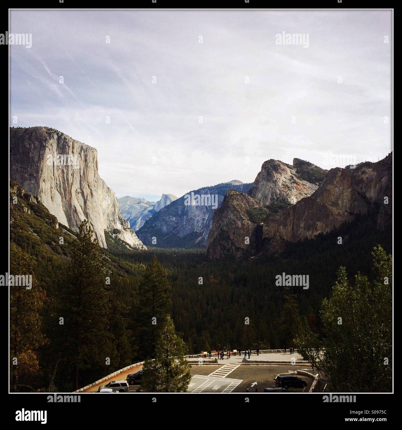 View of Yosemite Valley and the famous Tunnel View Vista on Wawona Road