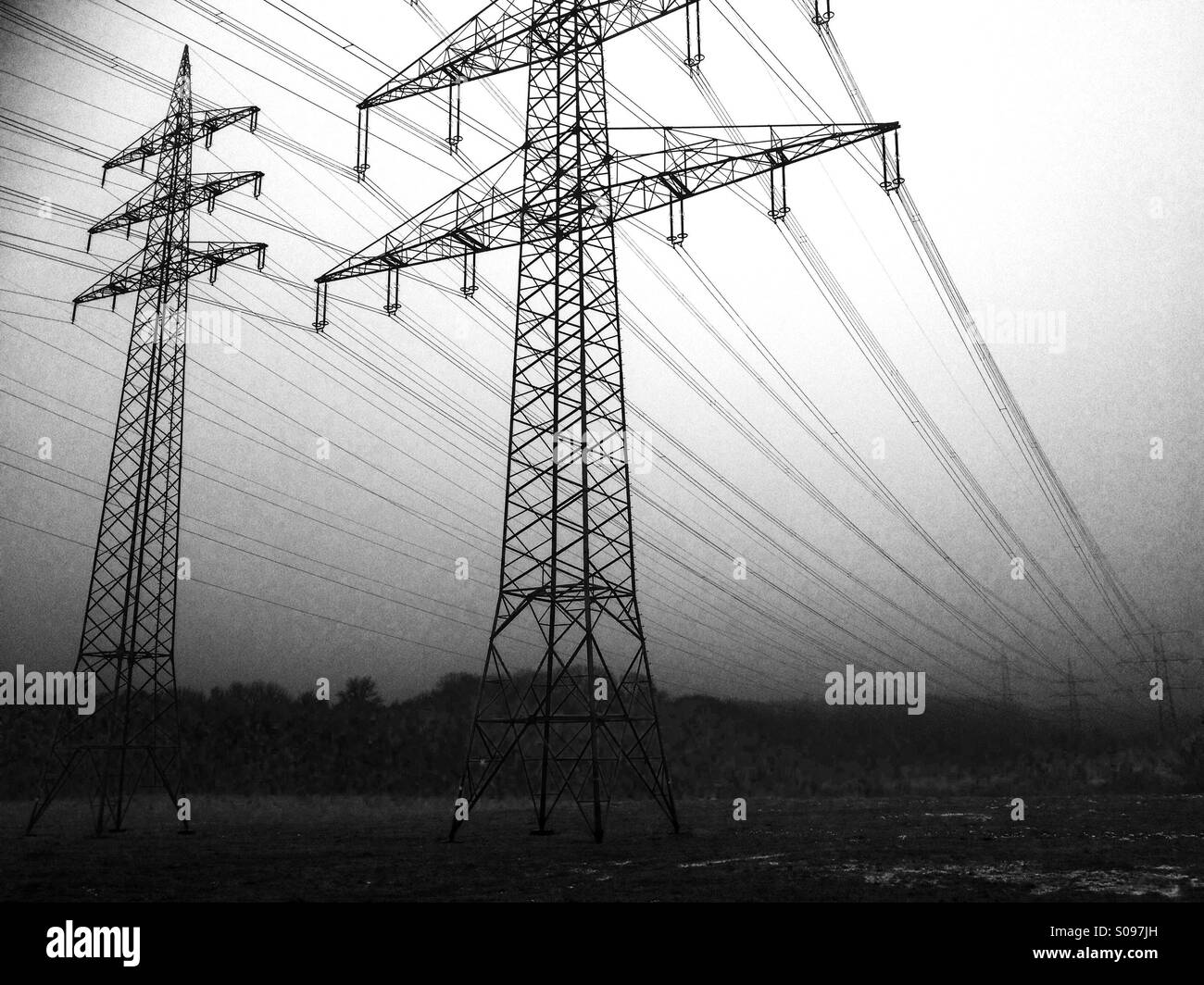 High voltage electricity cables, Leichlingen, Germany. Stock Photo