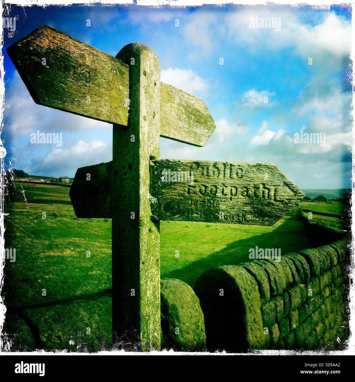 Footpath sign, near Todmorden, West Yorkshire, England - Smartphone Captured Stock Image