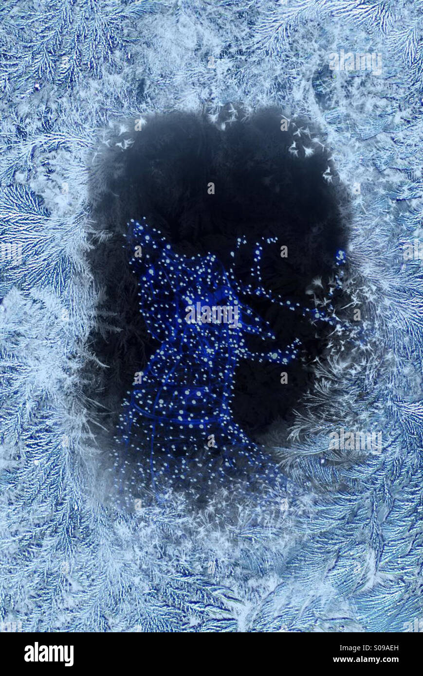 Reindeer head in blue lights with ice effect surround Stock Photo