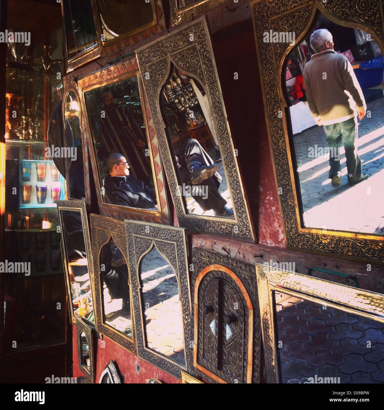 Mirrors on sale in the souk of Marrakech medina, Morocco. Stock Photo