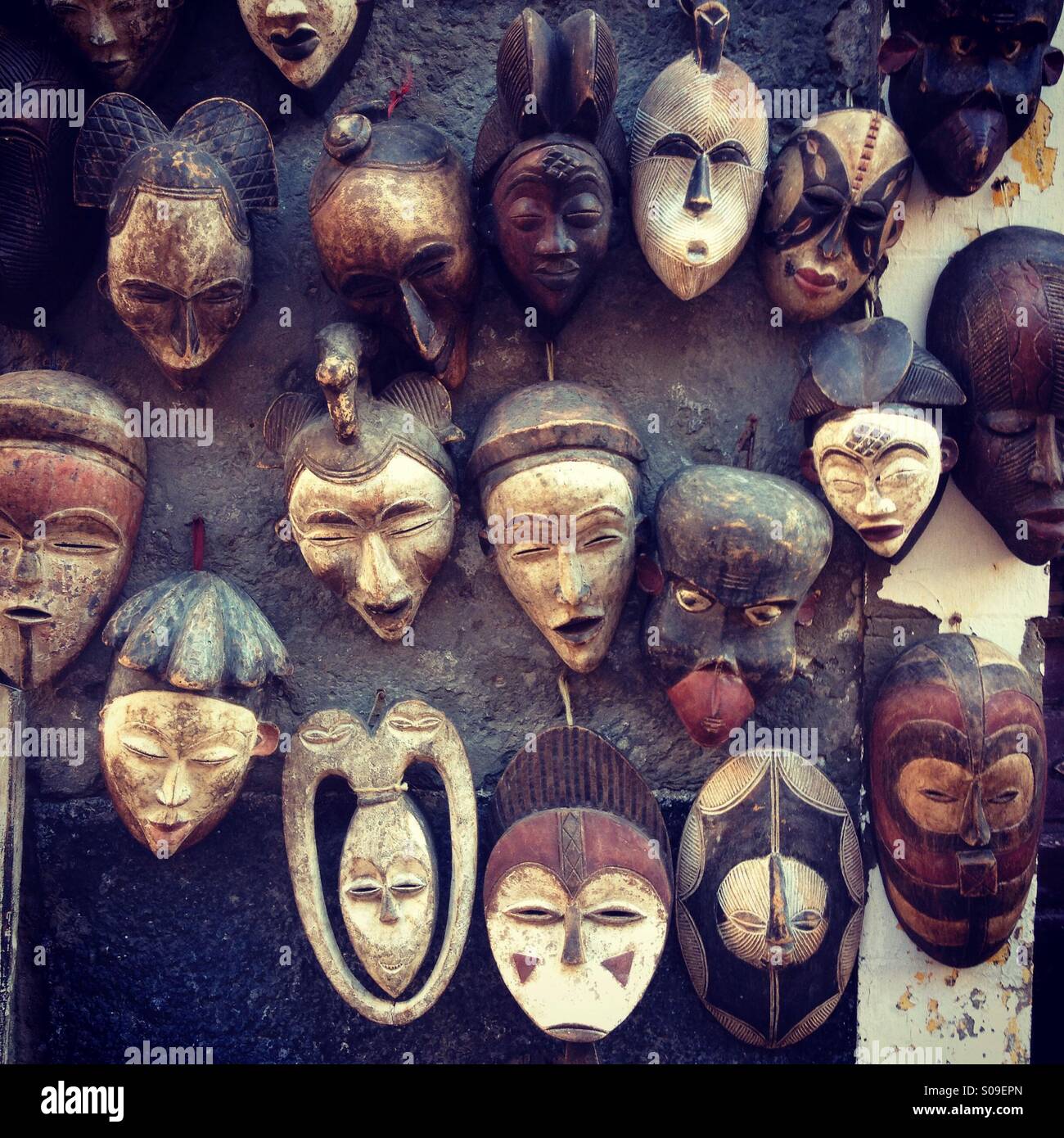 Wooden African masks in sale, Morocco Stock Photo