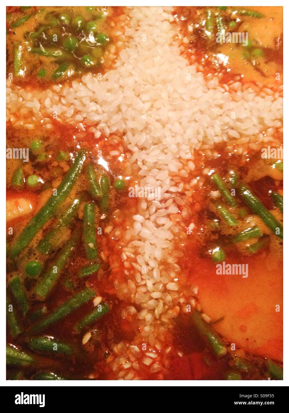 When cooking paella it is traditional to add arborio rice in the shape