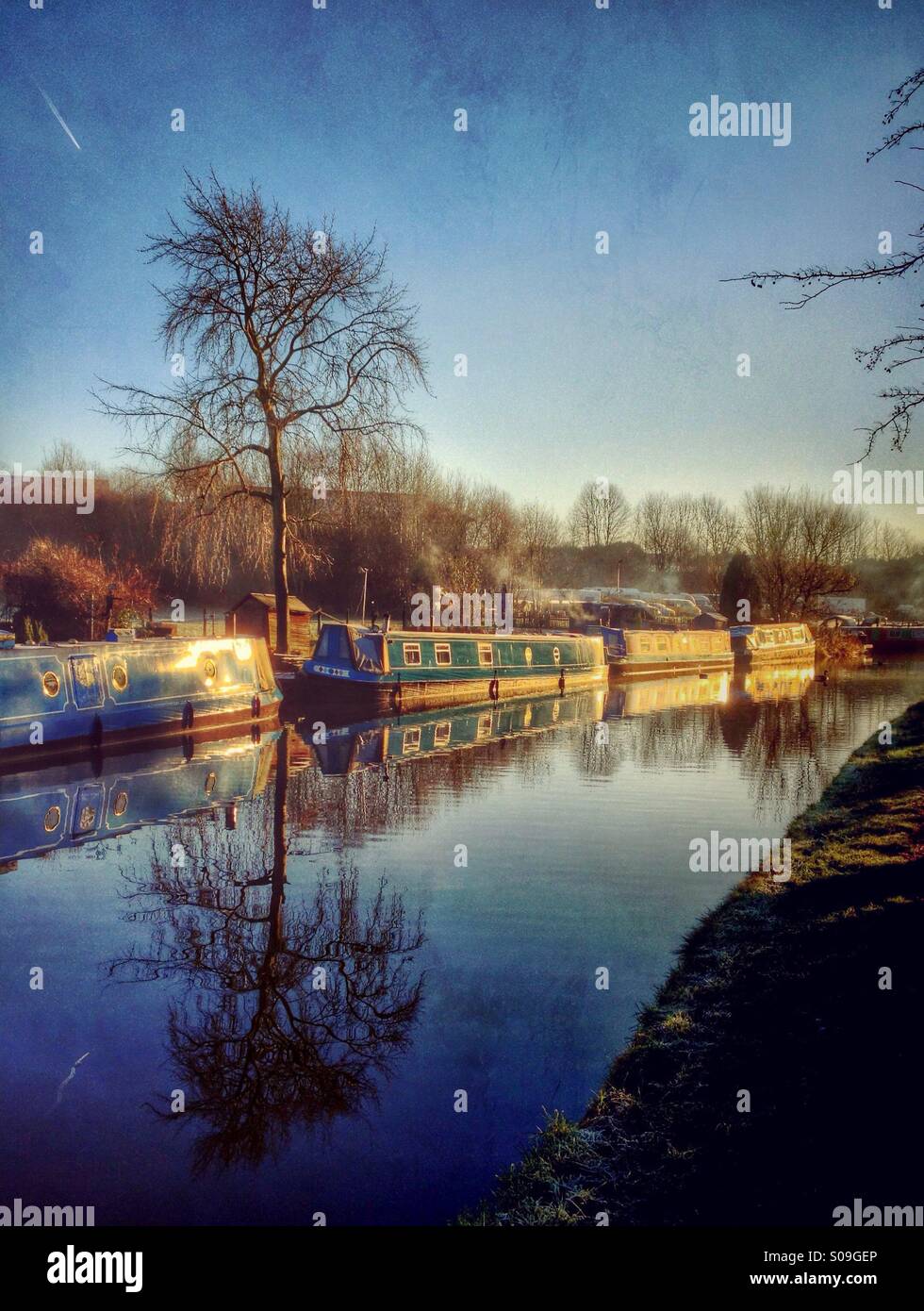 Cold frosty morning on Leeds and Liverpool canal near Adlington - Smartphone Captured Stock Image