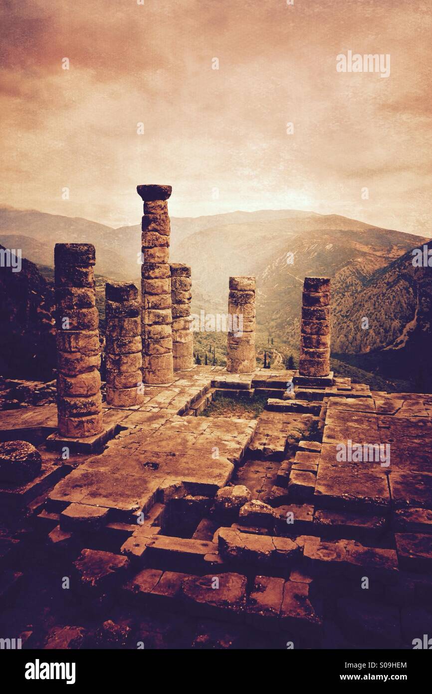 The ancient ruins of Delphi in Greece at first light - the Temple of Apollo - Smartphone Captured Stock Image