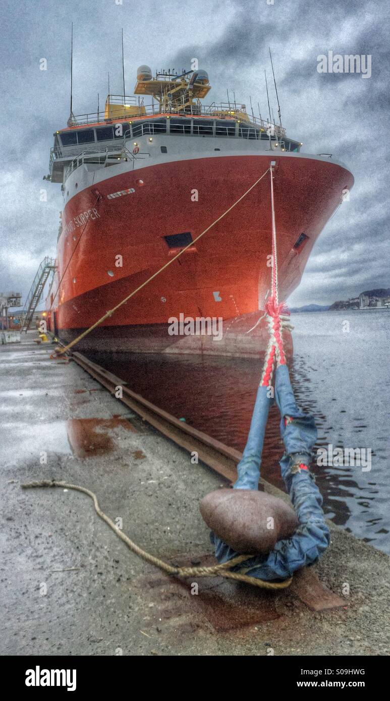 Supply boat in Bergen harbour. Stock Photo