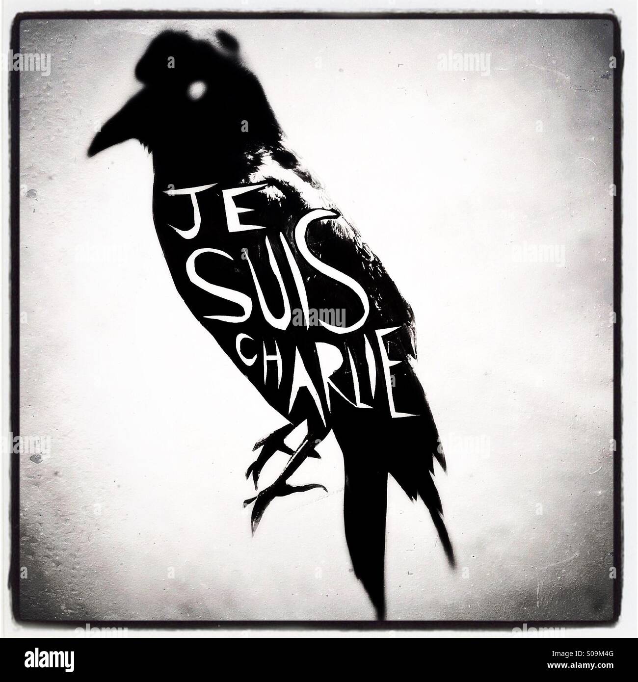 A street art pasteup by Artist Alex Ekins of a Raven with Je Suis Charlie written on it Stock Photo