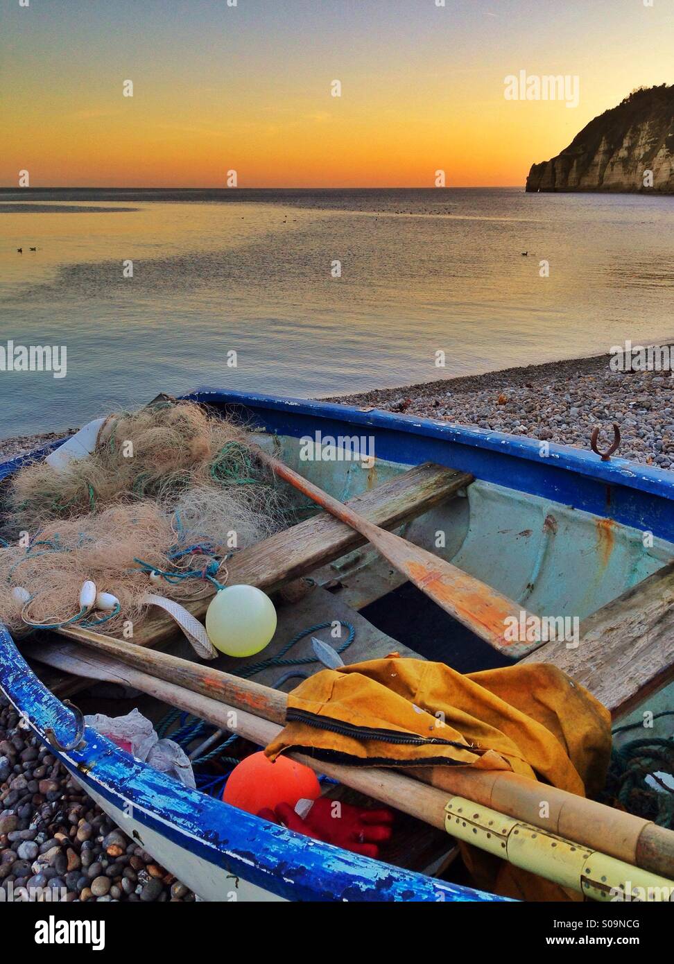 Rowing boat on the beach of the town of 'Beer', Devon, England. Stock Photo