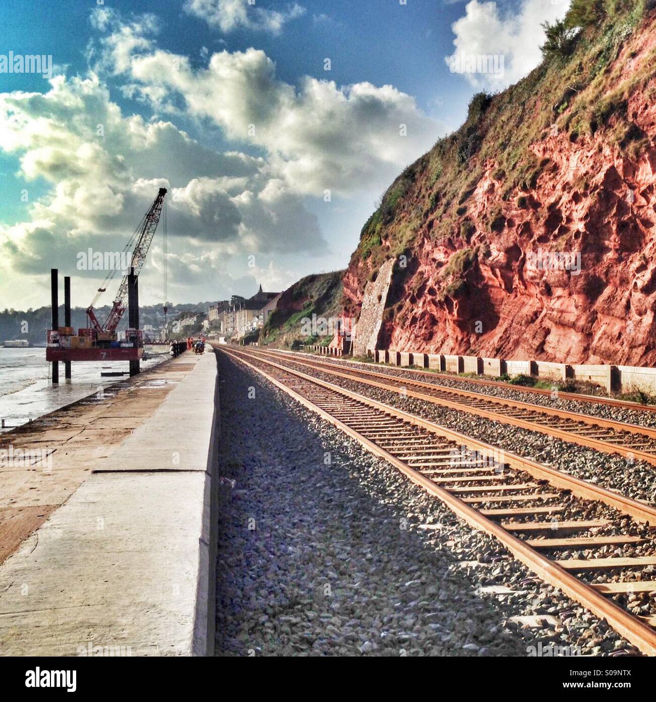 Crane repairing the sea wall at Dawlish - Smartphone Captured Stock Image