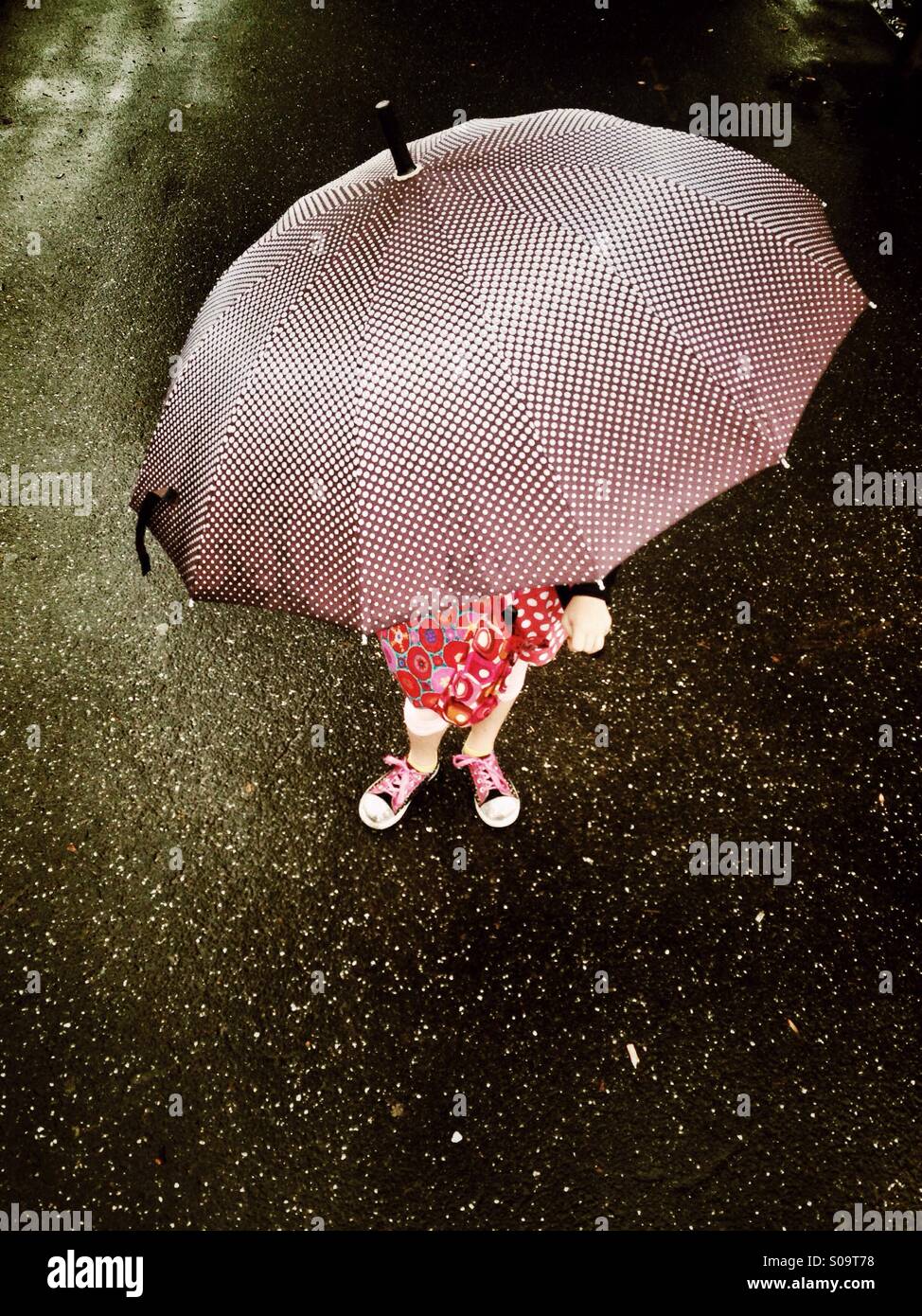 Little girl under an umbrella Stock Photo