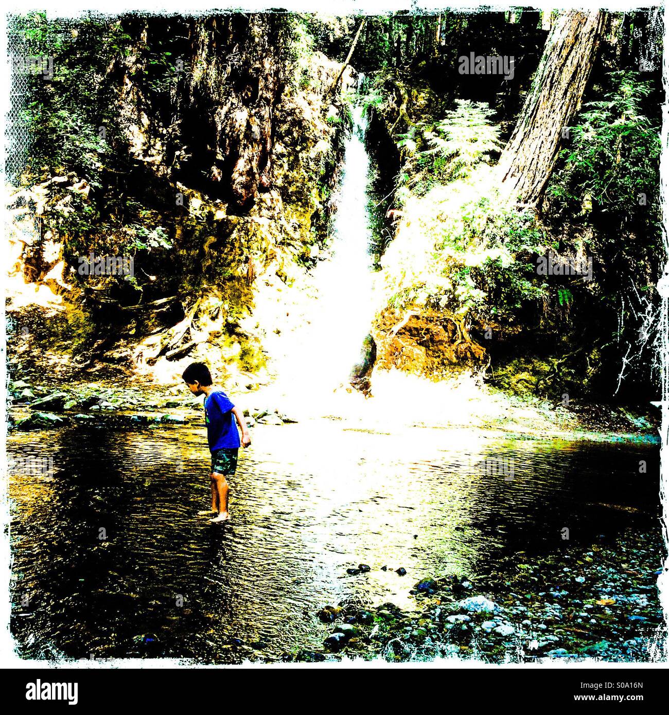 A six year old boy explores Bean Creek near a waterfall. Santa Cruz County, California, USA - Smartphone Captured Stock Image