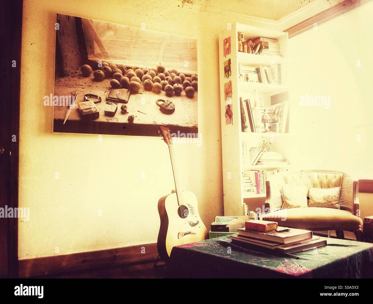 Interior with the guitar, bookshelf and large photographic artwork by Katya Palladina Stock Photo