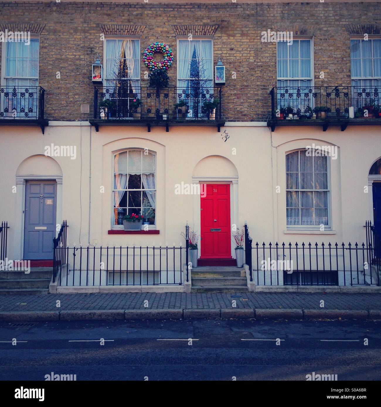 Festively decorated London house in December 2014. London, England. Stock Photo