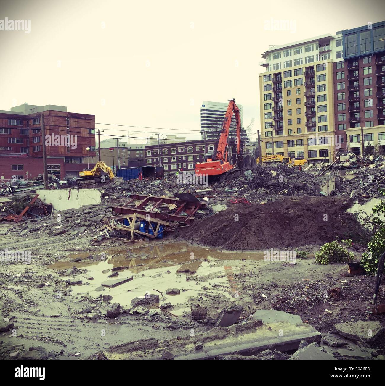 Construction site, building demolition, rubble pile - Smartphone Captured Stock Image