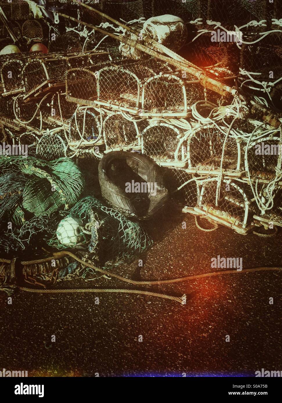 Lobster pots on the quayside Scarborough North Yorkshire England UK - Smartphone Captured Stock Image