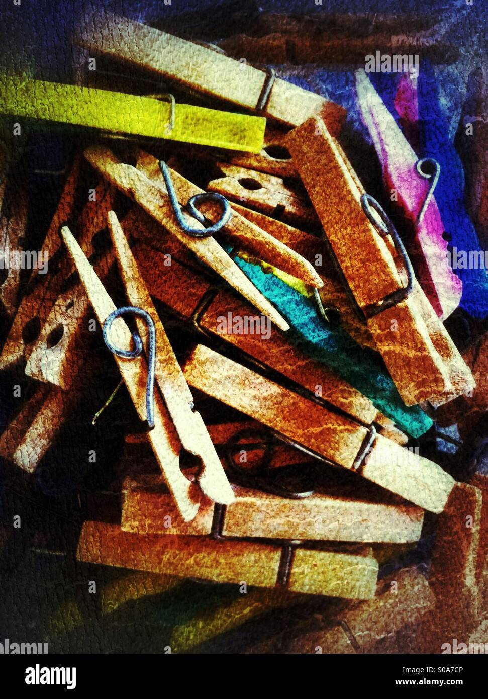 Clothes pegs in a box Stock Photo Alamy