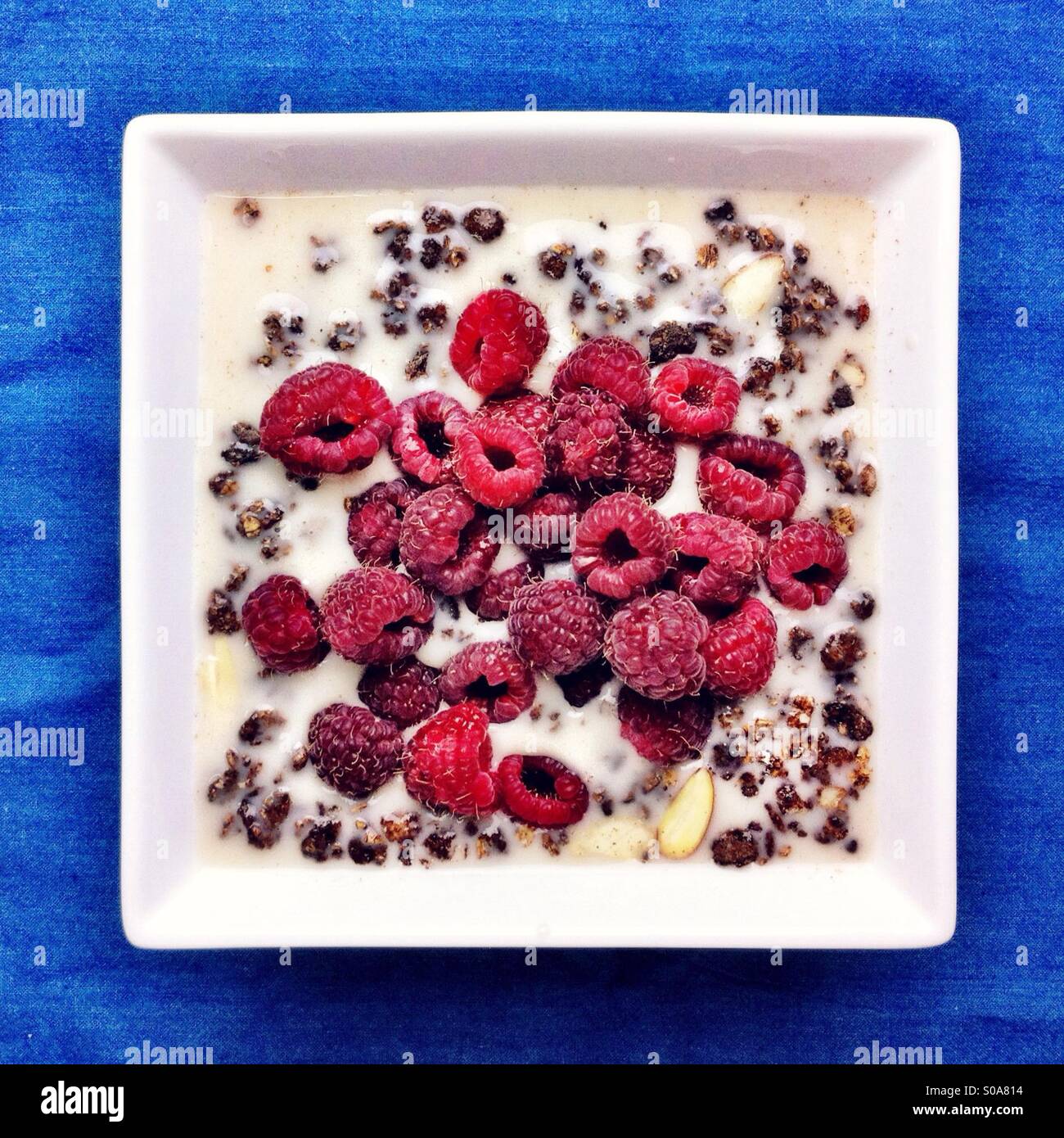 Chocolate granola with soy milk and raspberries in square white bowl - Smartphone Captured Stock Image