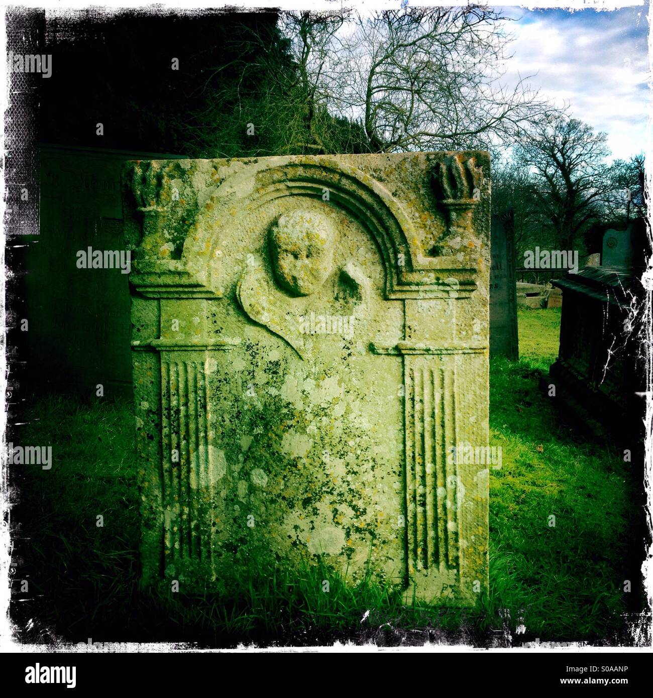 Old gravestone. Hough-on-the-Hill, Lincolnshire, England. Stock Photo