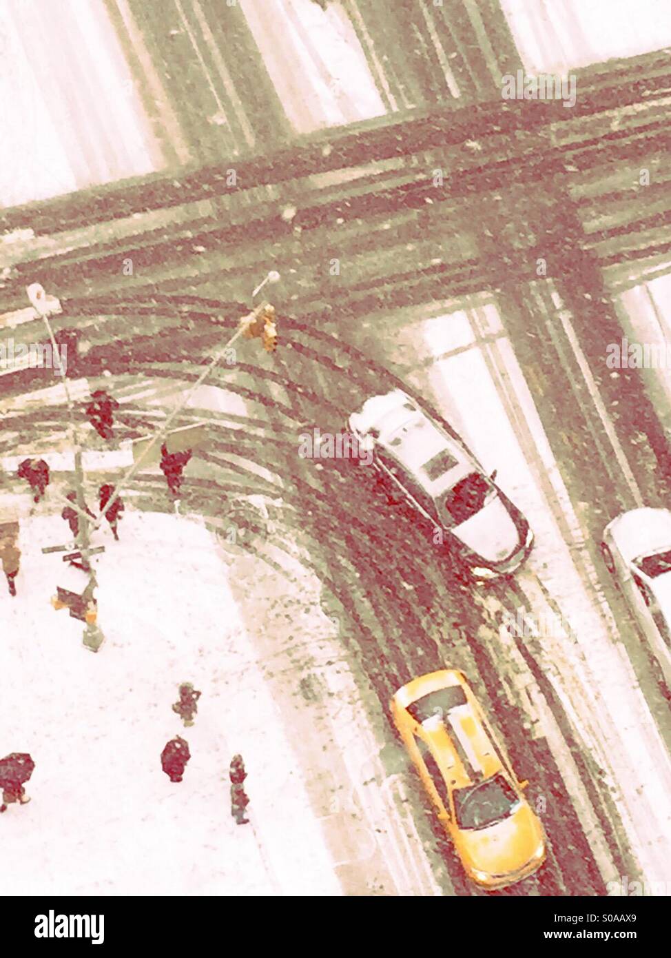 Snowy intersection in Midtown Manhattan, NYC - Smartphone Captured Stock Image