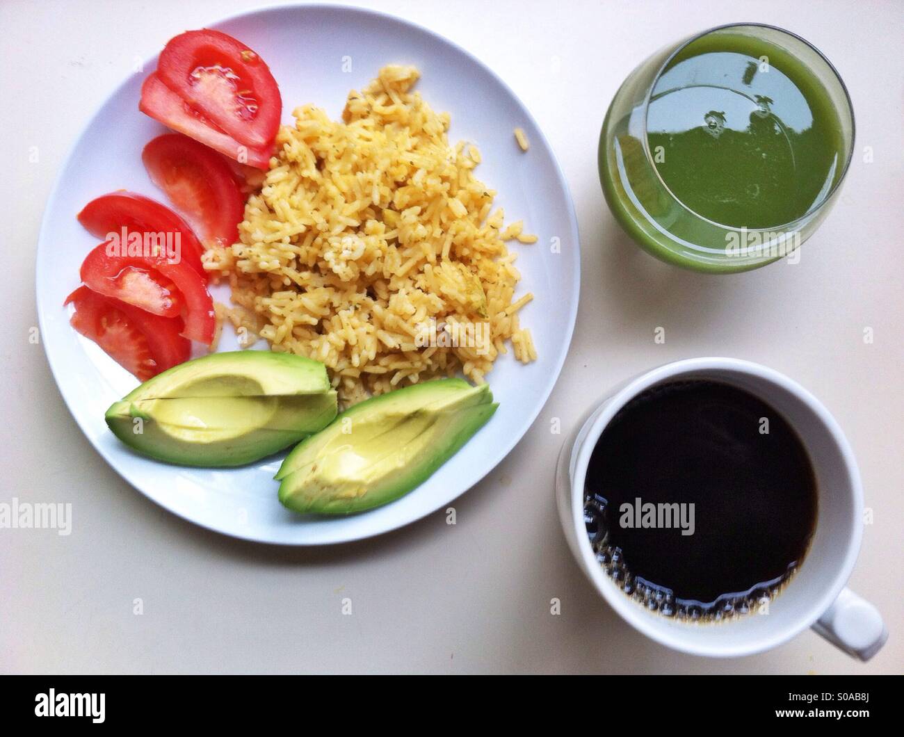Vegan lunch with coffee and freshly made vegetable juice - Smartphone Captured Stock Image Vegan lunch with coffee and freshly made vegetable juice - Smartphone Captured Stock Image