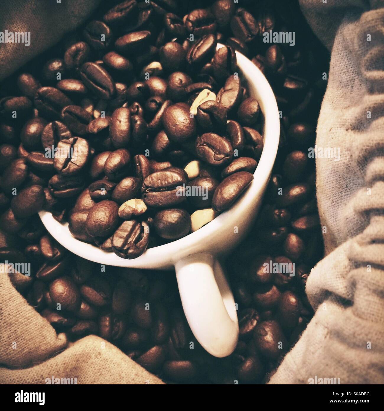 Small espresso cup in a sack of raw coffee beans - Smartphone Captured Stock Image