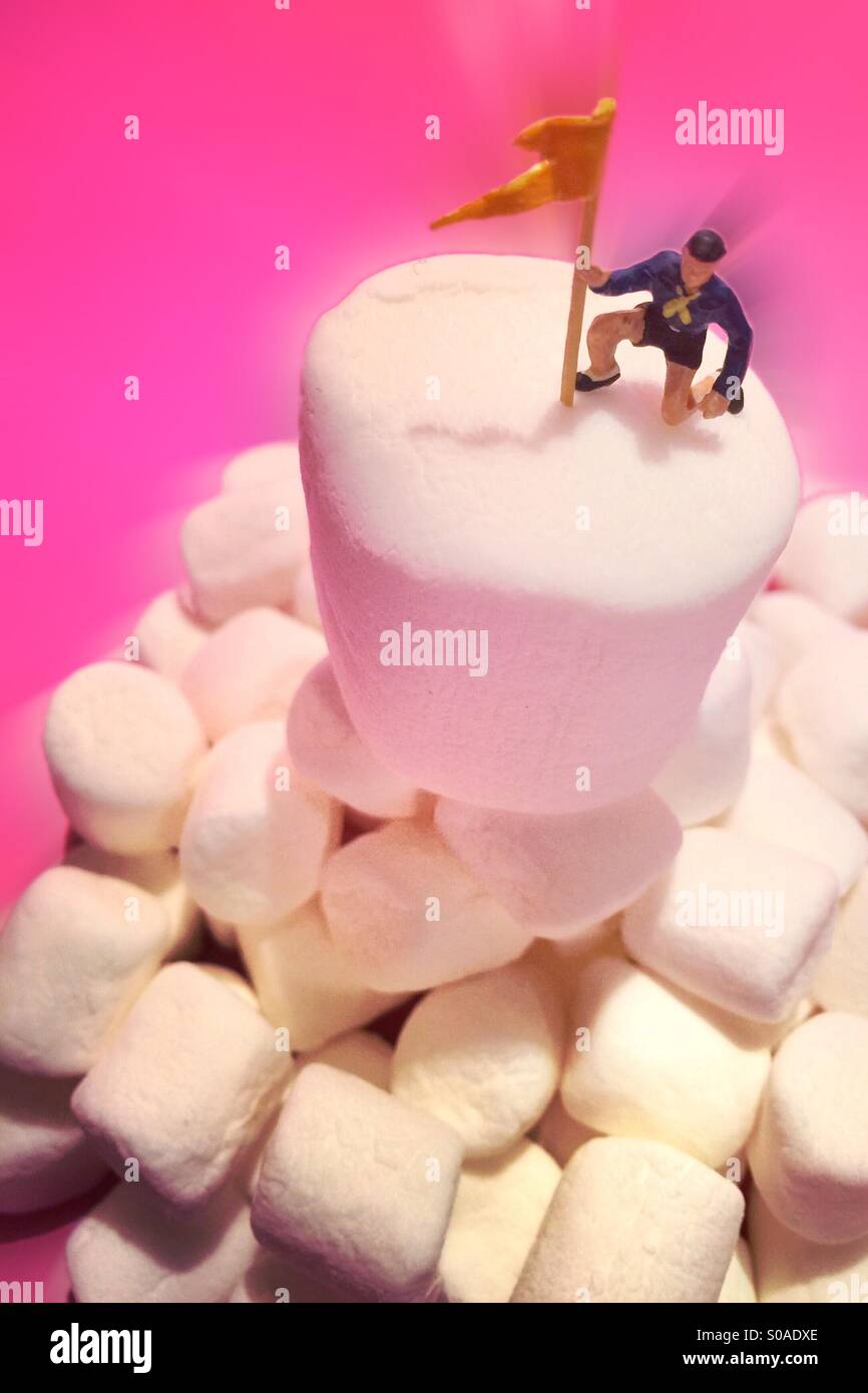 A mountain climber figure plants his flag atop a stack of marshmallows - Smartphone Captured Stock Image