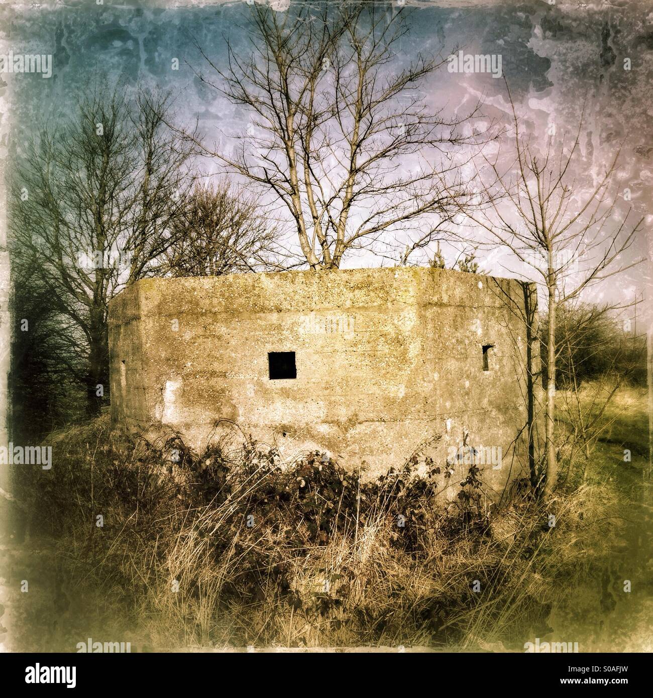 Pillbox on the perimeter of the disused WW2 airfield of RAF Wellingore, Lincolnshire, England. Stock Photo