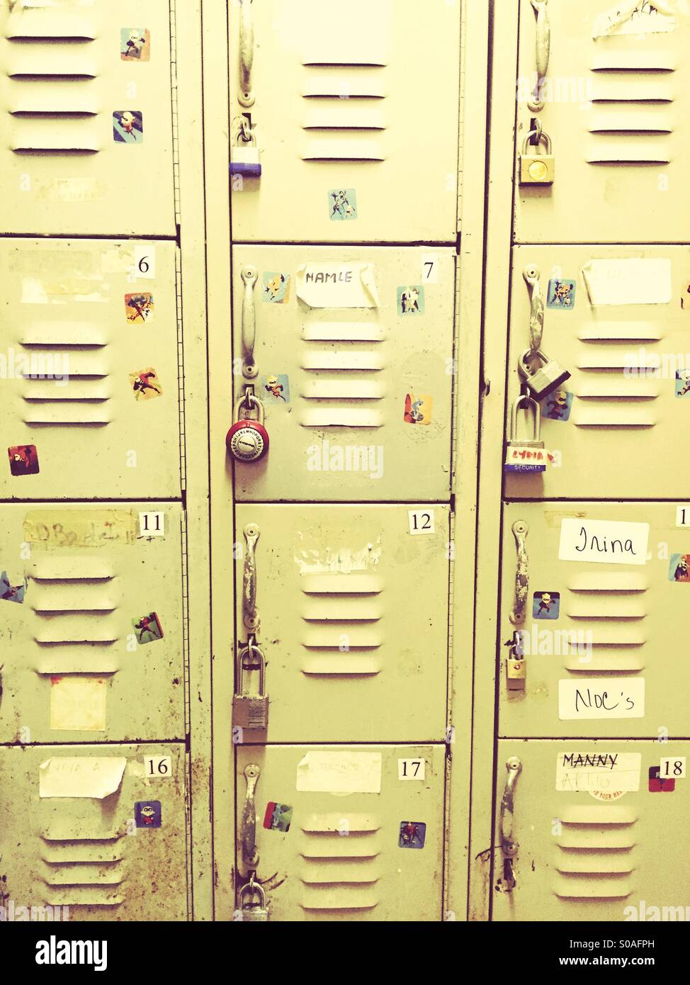 Hey grouping of stacked school lockers. Stock Photo