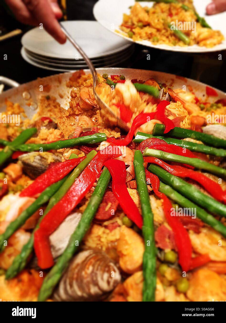 Paella served at table - Smartphone Captured Stock Image