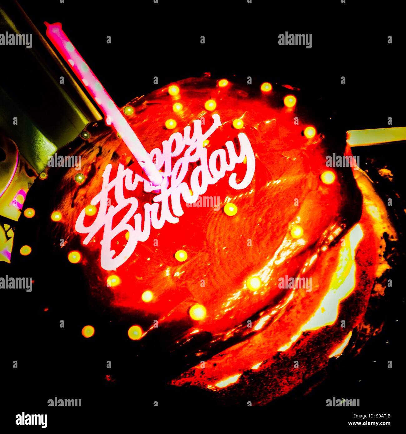 Happy  first birthday cake and single candle - Smartphone Captured Stock Image