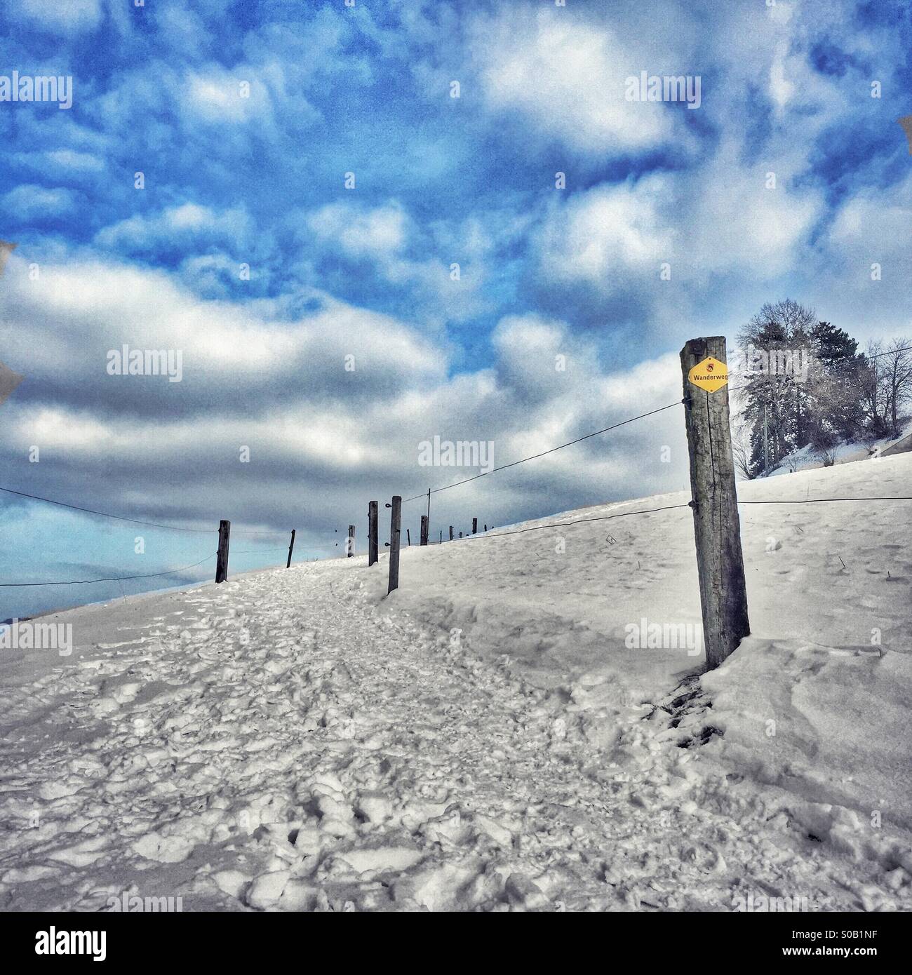 Snowy winter footpath with cloudy sky Stock Photo - Alamy
