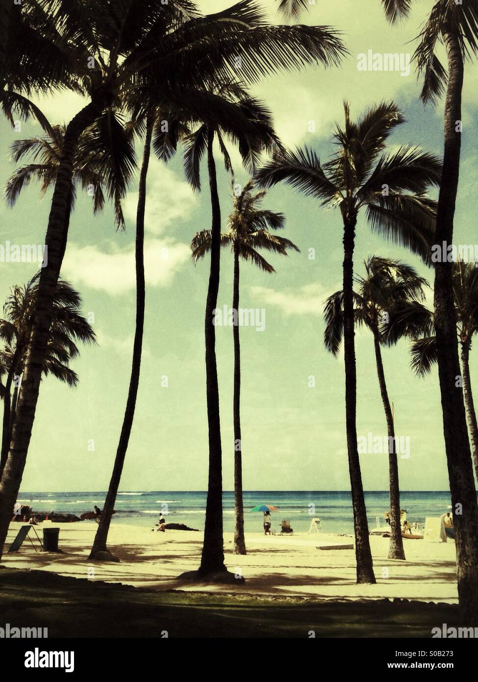 Vintage style photo of Waikiki beach through Palm trees Stock Photo