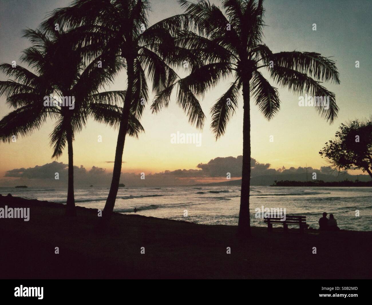Silhouette of a couple sitting next tithe bench under palm trees on the beach at sunset on Hawaii - Smartphone Captured Stock Image