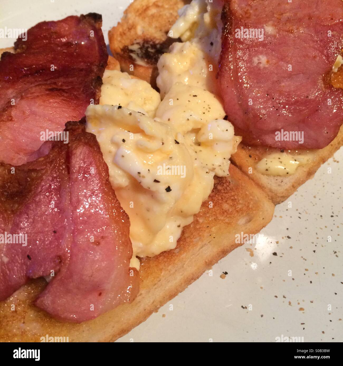 Bacon and scrambled eggs on toast - Smartphone Captured Stock Image