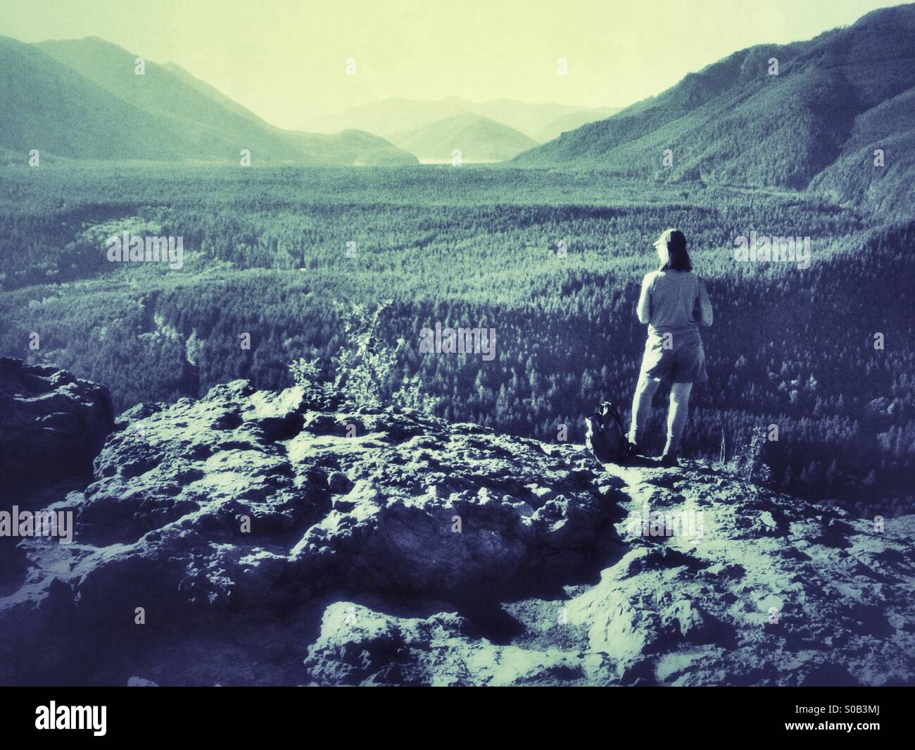A woman hiker looking to a mountain valley in north cascades, Washington state - Smartphone Captured Stock Image