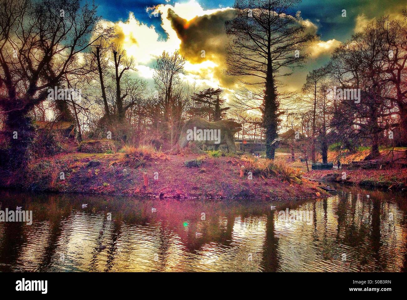 Crystal Palace lake prehistoric statues - Smartphone Captured Stock Image