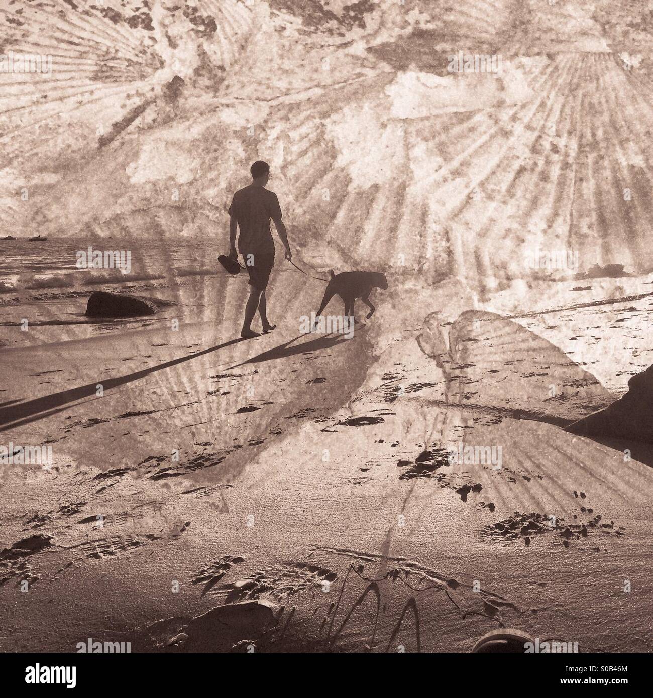 Double exposure of a man walking a dog at East Beach, Santa Barbara, CA merged with a photo of seashell fossils - Smartphone Captured Stock Image