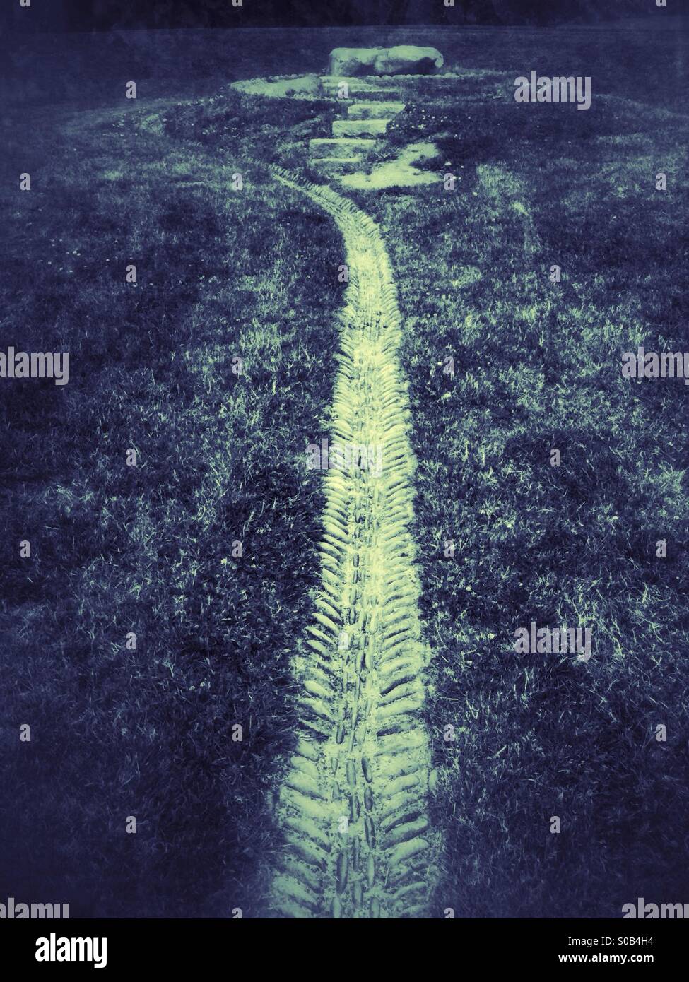 Man made stone path to a circular structure by John Hoge named Earthworks in the Luther Burbank park in WA - Smartphone Captured Stock Image