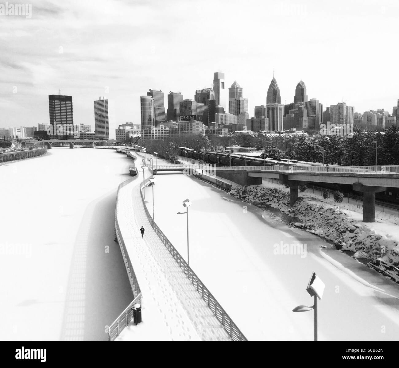 Schuylkill River Park Boardwalk in snow, Philadelphia , Pennsylvania - Smartphone Captured Stock Image