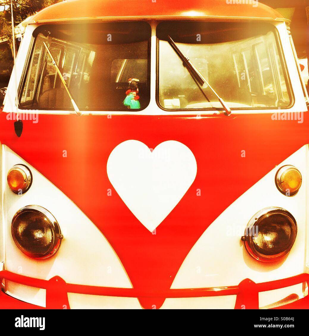 Vintage VW camper with a heart-shaped logo in red Stock Photo