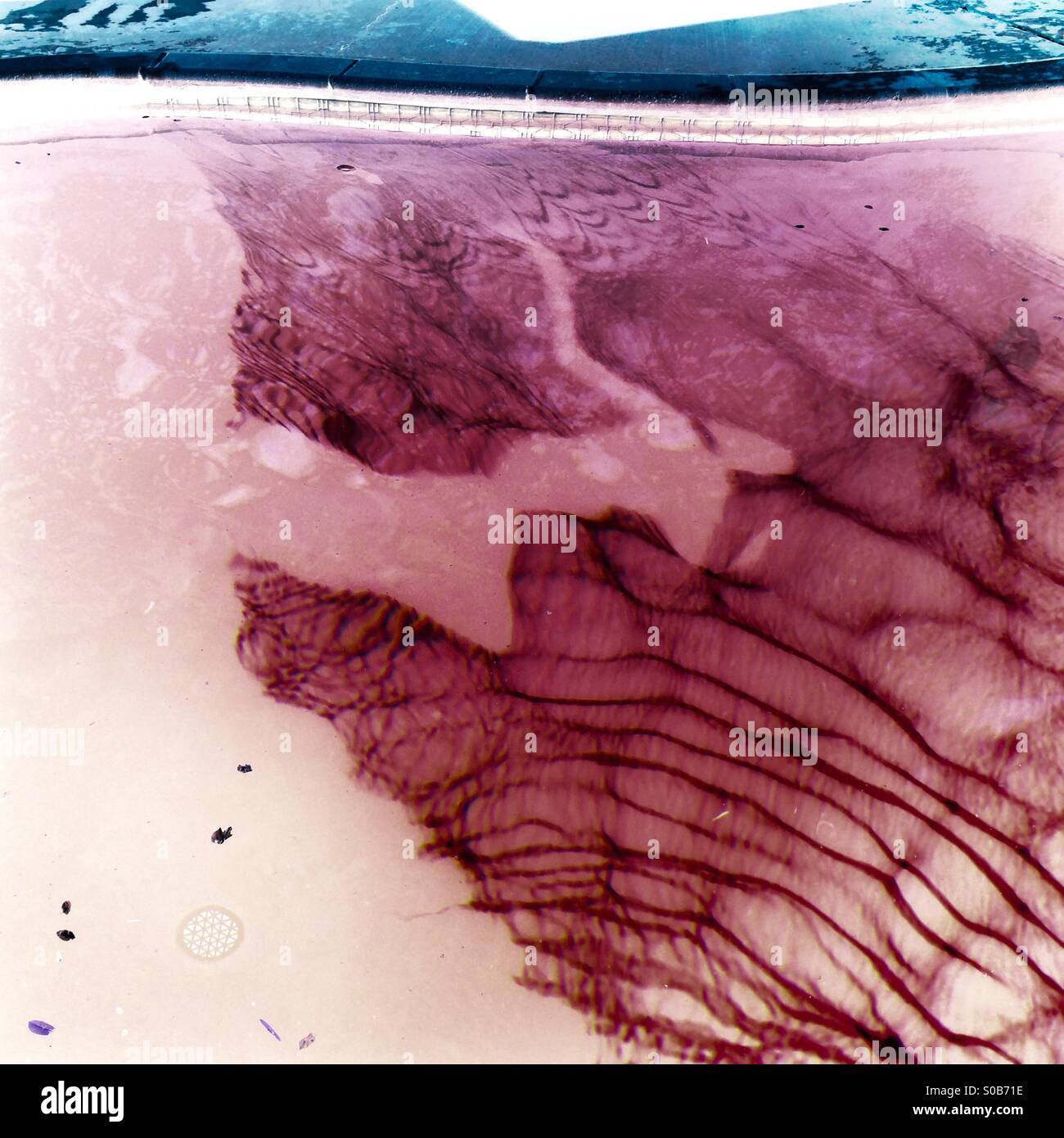 A negative of a shadow on the bottom of a swimming pool of a person on the diving board. - Smartphone Captured Stock Image