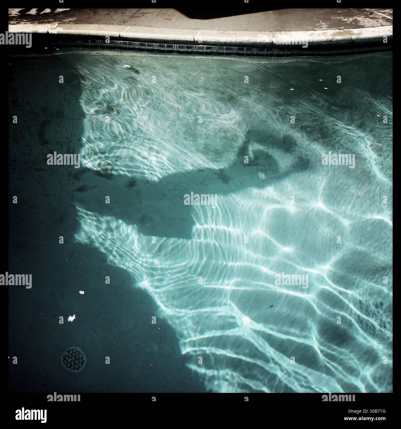 A shadow on the bottom of a swimming pool of a person diving on a diving board. - Smartphone Captured Stock Image