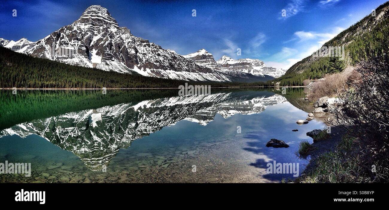 Mount Chephren and Waterfowl Lake seen from the Icefields Parkway, in Banff national park, Alberta, Canada. - Smartphone Captured Stock Image