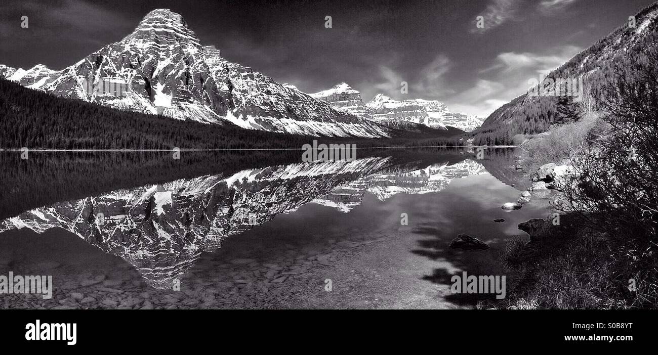 Mount Chephren and Waterfowl Lake seen from the Icefields Parkway, in Banff national park, Alberta, Canada. Monochrome version. - Smartphone Captured Stock Image