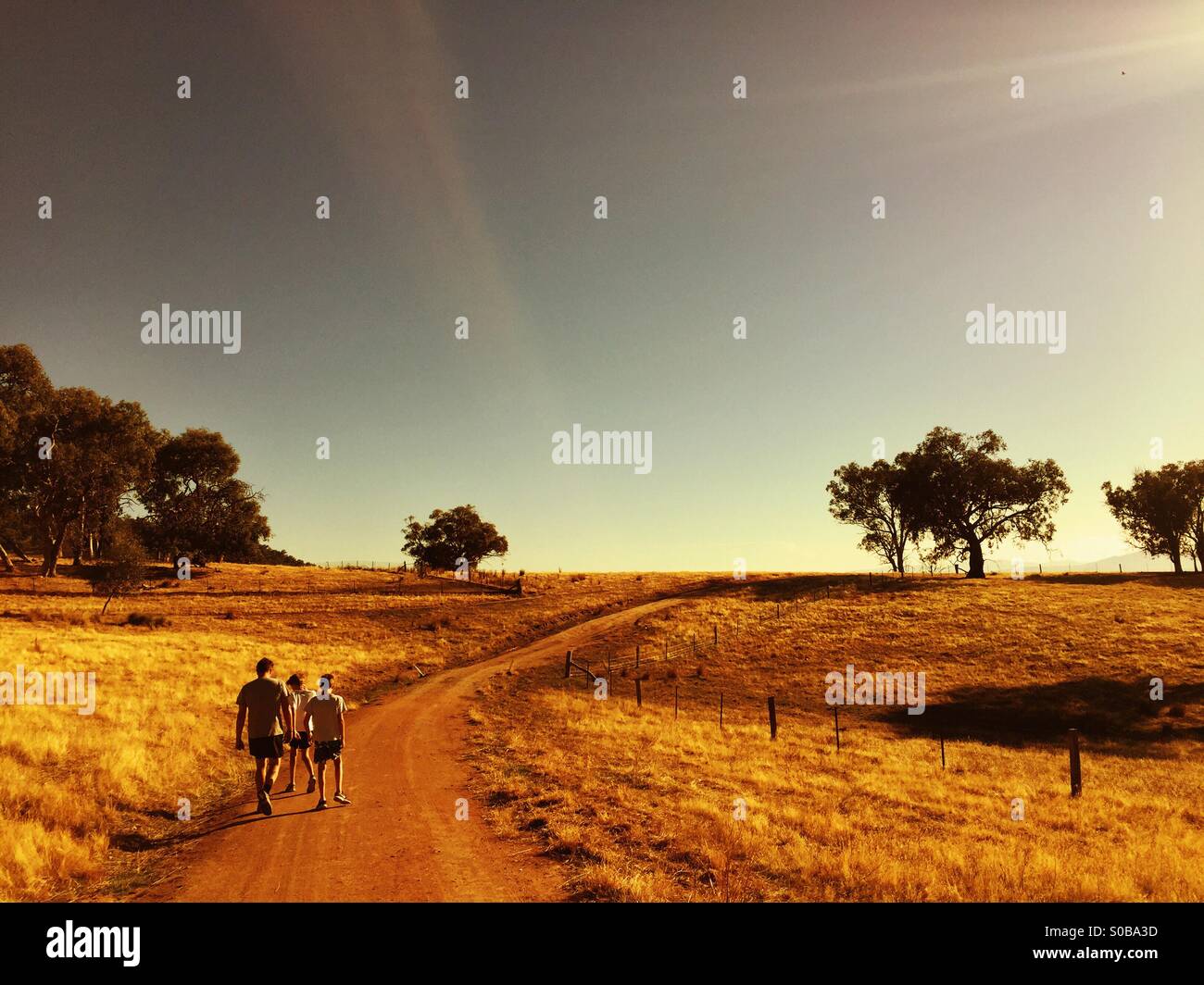 A father and two sons walk along a track in the country in Australia Stock Photo
