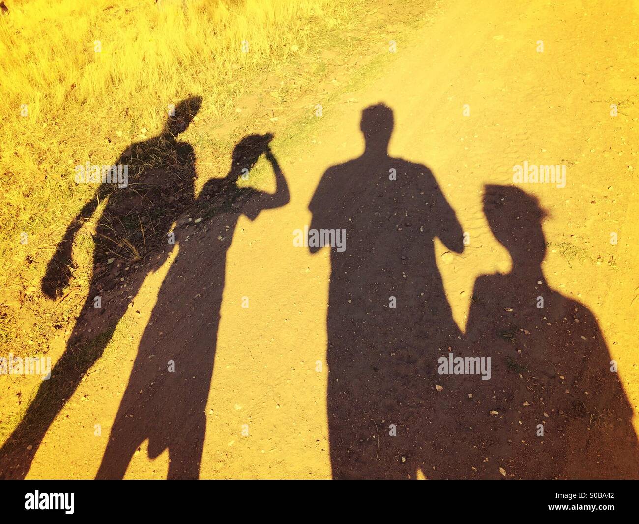A family of four's shadow on a country track whilst out for a walk Stock Photo