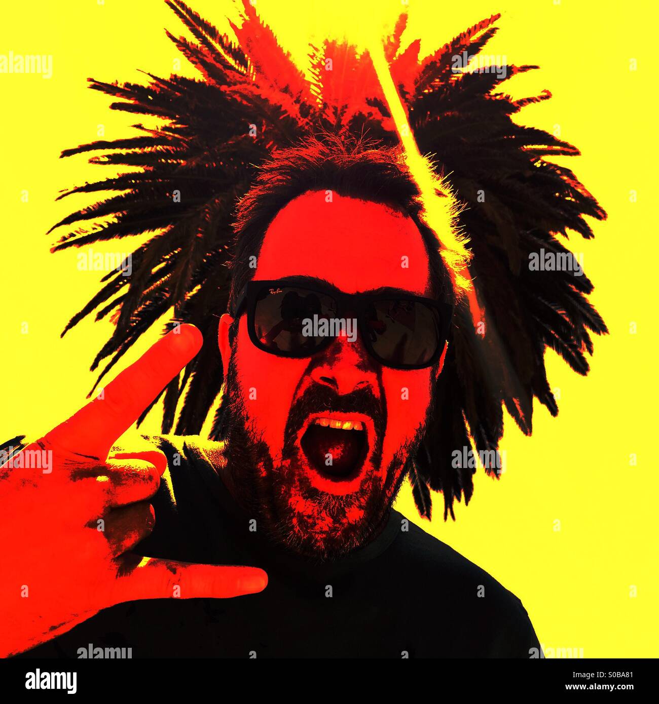 A lively man with head framed by a palm tree - Smartphone Captured Stock Image