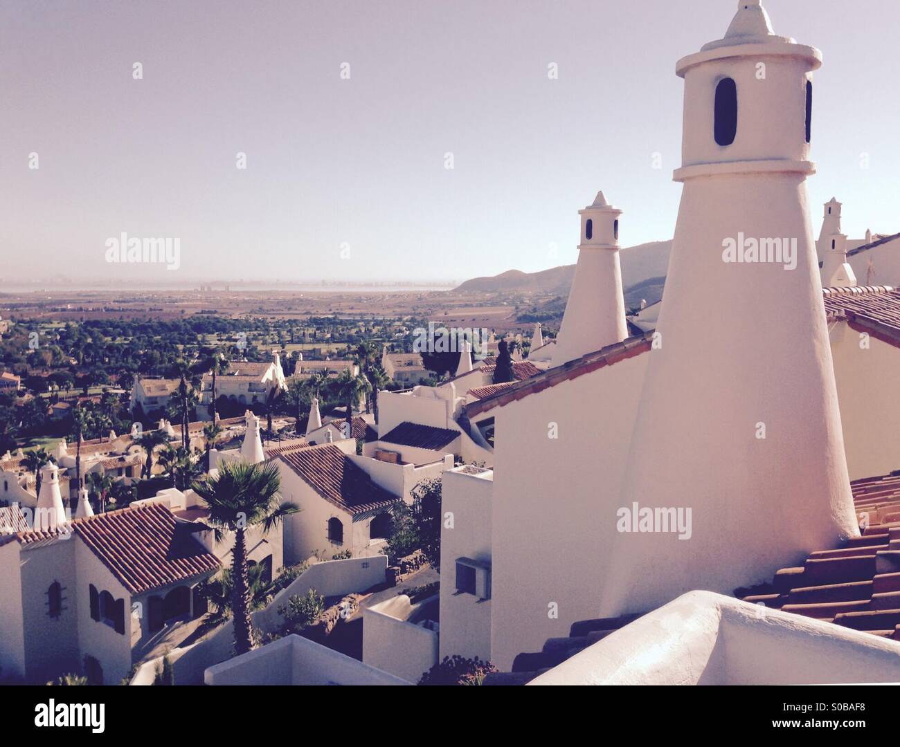 Hazy summers day in La Manga looking out over the rooftops. - Smartphone Captured Stock Image