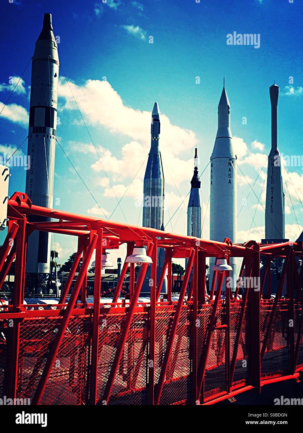 Rockets and launch pad walkway at Kennedy Space Center, Cape Canaveral, Florida - Smartphone Captured Stock Image