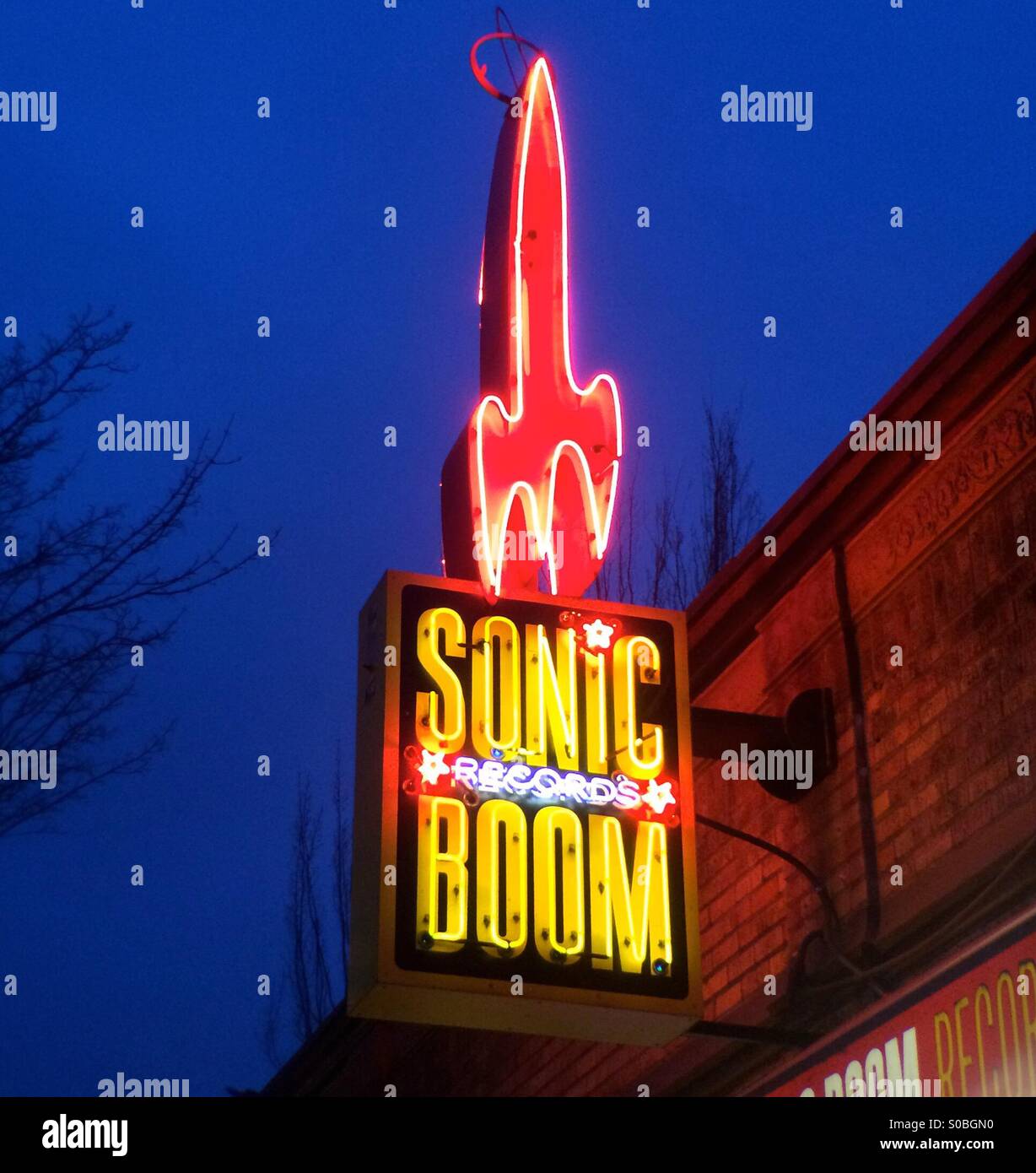 Sonic Boom Records, landmark neon sign, trendy Ballard neighborhood, Seattle Stock Photo
